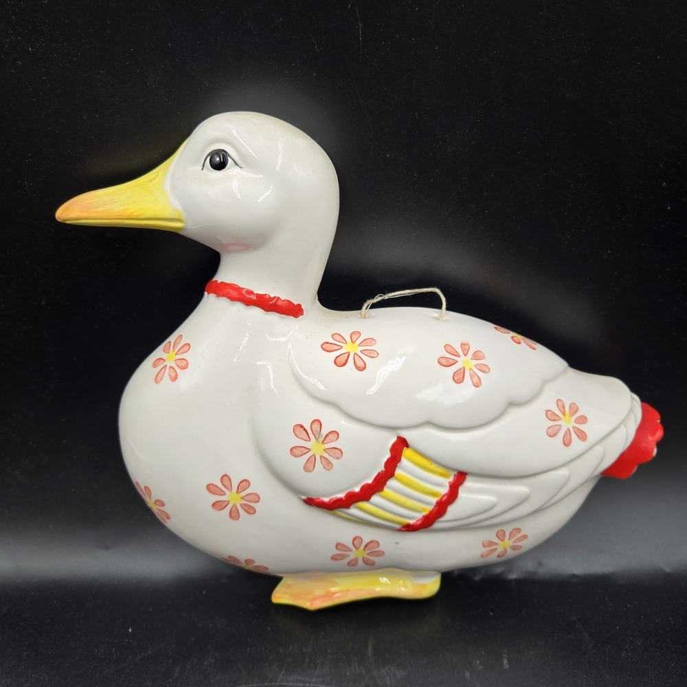 Vtg sigma Ceramic Duck Wall Hanging Red Yellow Flowers Hand Painted Cottagecore